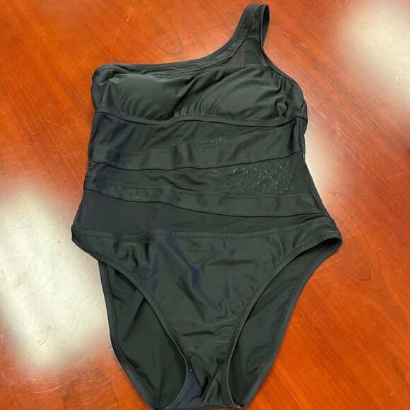 Shade & Shore Black Sheer Mesh One Shoulder Swimsuit sz L EUC - Picture 1 of 6